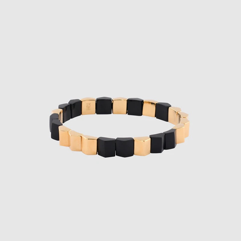 KM JEWELRY: MEGA PRISM STUD ELASTICATED BEAD BRACELET GOLD/BLACK